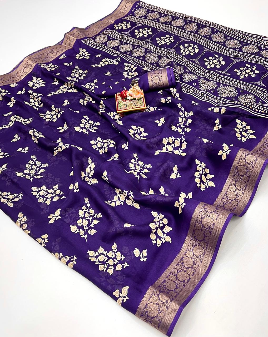 Pure Calcutta Moss Mellow Georgette Sarees with Exclusive Prints & Zari Woven Border