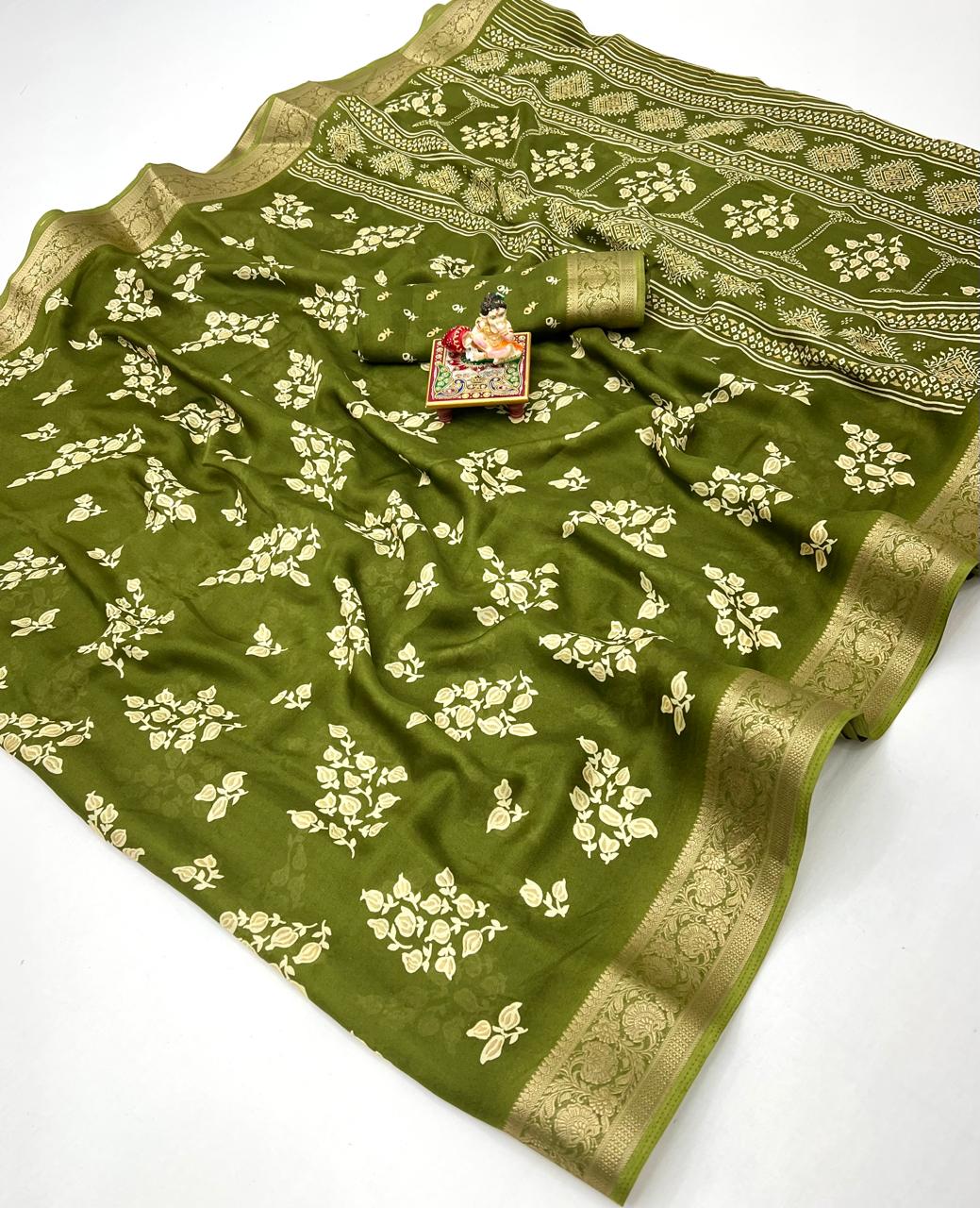 Pure Calcutta Moss Mellow Georgette Sarees with Exclusive Prints & Zari Woven Border
