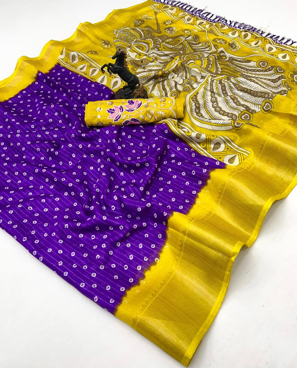 Beautiful Dola Silk Bandhani Saree with Grand Peacock Pallu & Beads Work Blouse – Festive Elegance for Boutique Displays & Bulk Orders