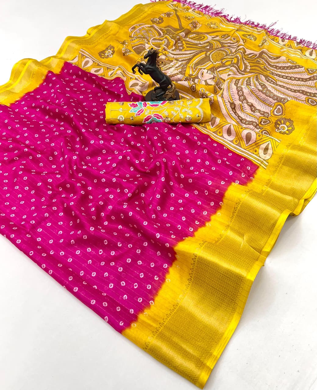 Beautiful Dola Silk Bandhani Saree with Grand Peacock Pallu & Beads Work Blouse – Festive Elegance for Boutique Displays & Bulk Orders