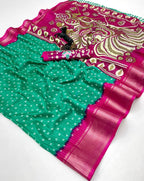 Beautiful Dola Silk Bandhani Saree with Grand Peacock Pallu & Beads Work Blouse – Festive Elegance for Boutique Displays & Bulk Orders