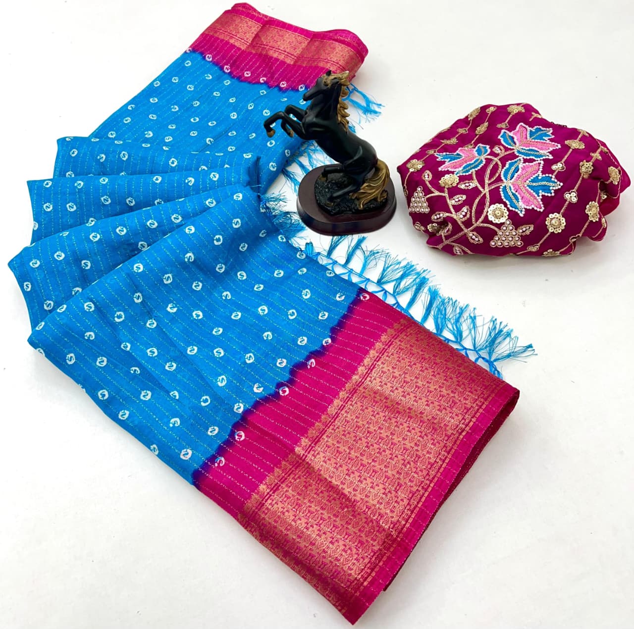 Beautiful Dola Silk Bandhani Saree with Grand Peacock Pallu & Beads Work Blouse – Festive Elegance for Boutique Displays & Bulk Orders