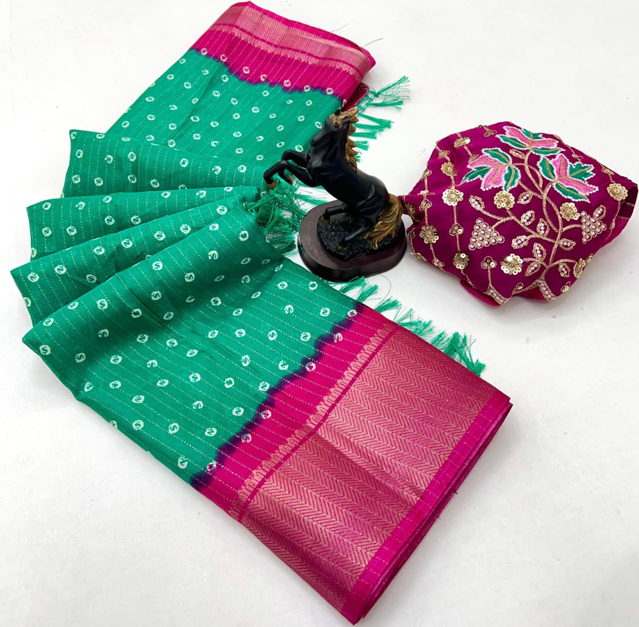 Beautiful Dola Silk Bandhani Saree with Grand Peacock Pallu & Beads Work Blouse – Festive Elegance for Boutique Displays & Bulk Orders