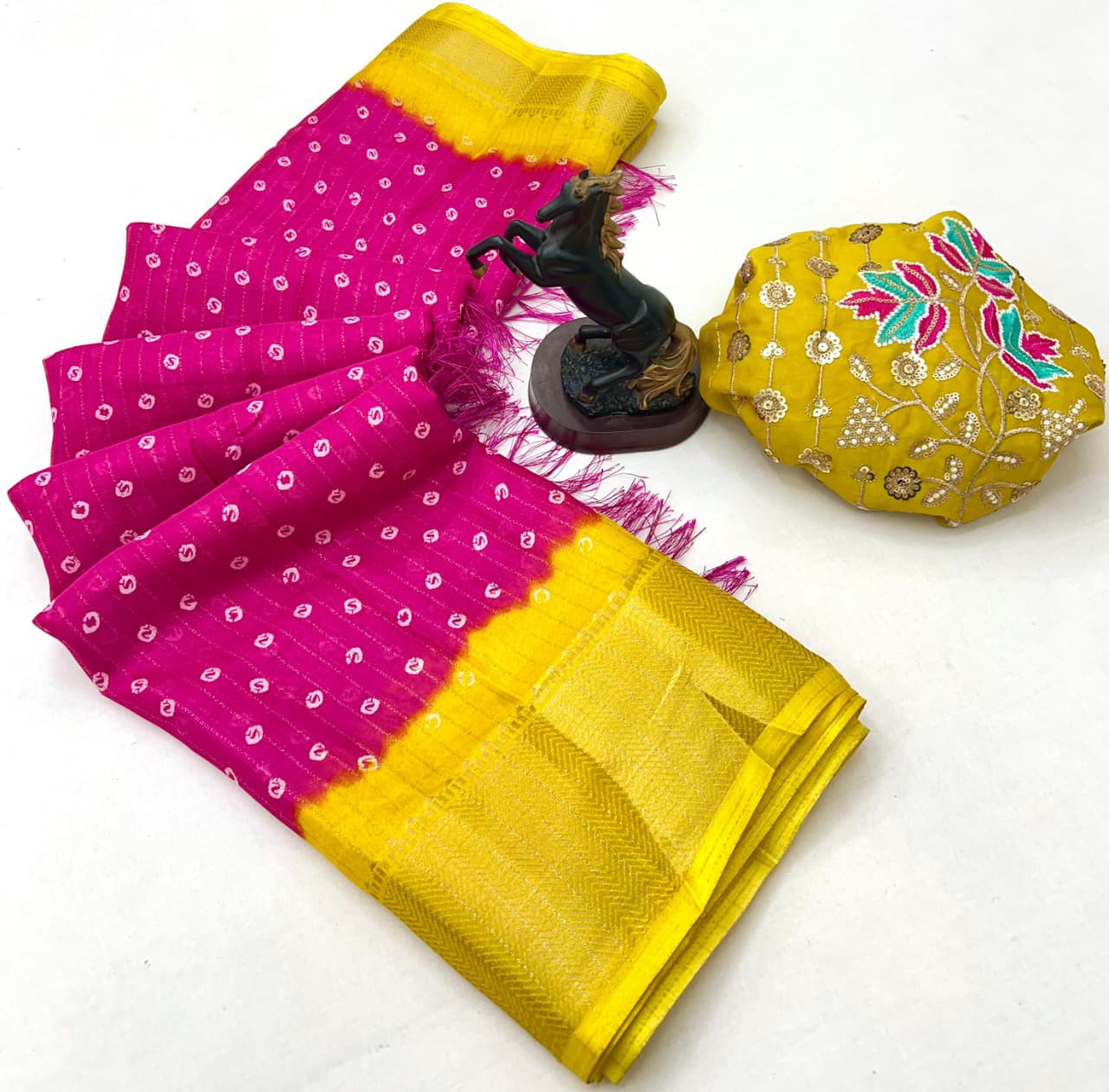 Beautiful Dola Silk Bandhani Saree with Grand Peacock Pallu & Beads Work Blouse – Festive Elegance for Boutique Displays & Bulk Orders