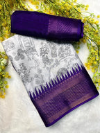 Pen Kalamkari Elegance – Soft Dola Silk Saree with Hamsa Zari Border & Designer Blouse