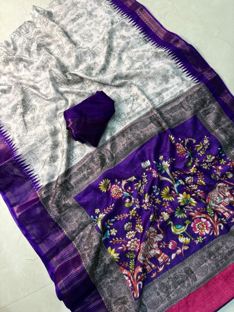 Pen Kalamkari Elegance – Soft Dola Silk Saree with Hamsa Zari Border & Designer Blouse