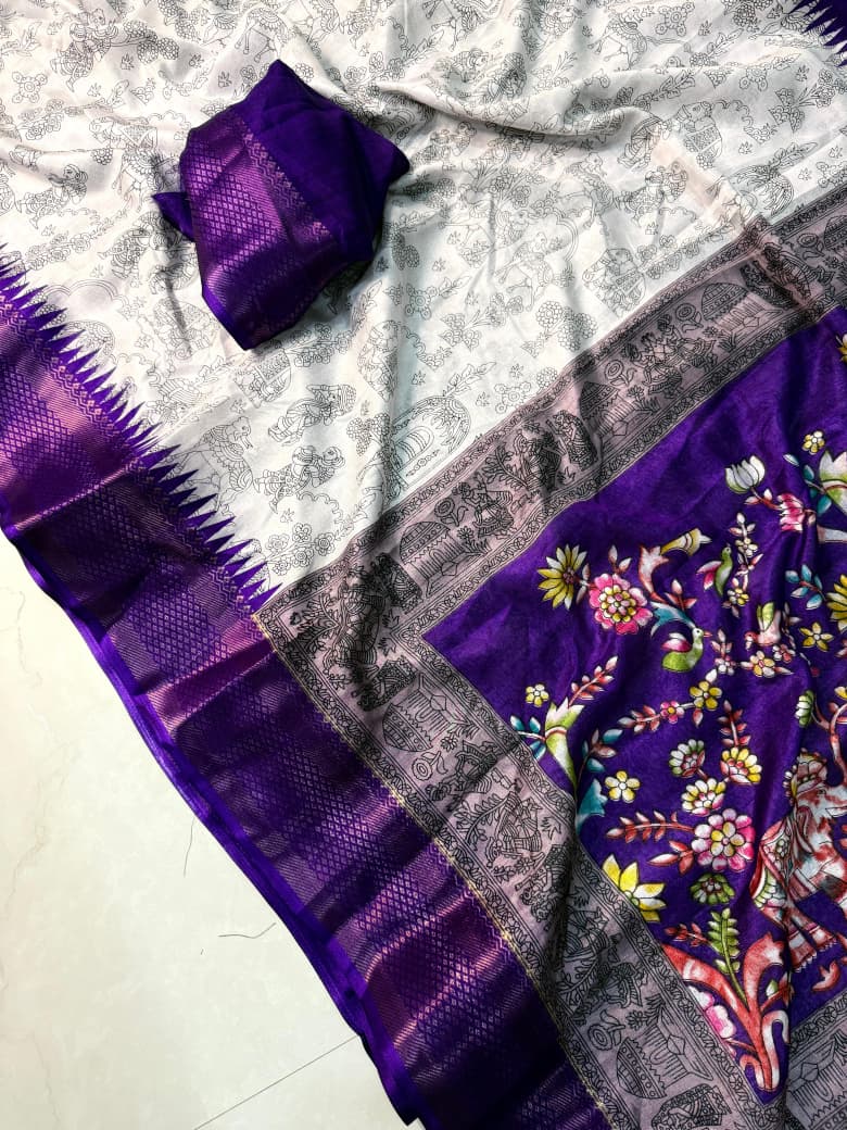 Pen Kalamkari Elegance – Soft Dola Silk Saree with Hamsa Zari Border & Designer Blouse