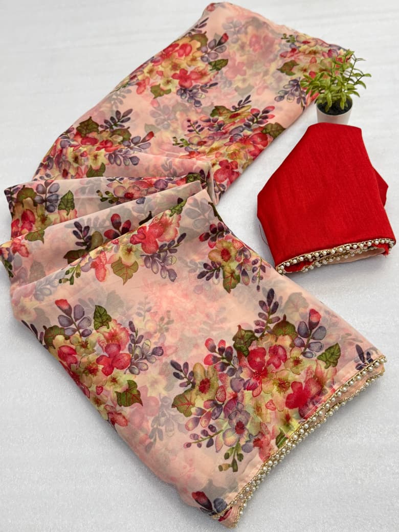 🌸 Premium Weightless Chiffon Saree – Floral Digital Print with Handwork Moti Lace Border & Cotton Blouse 🌸