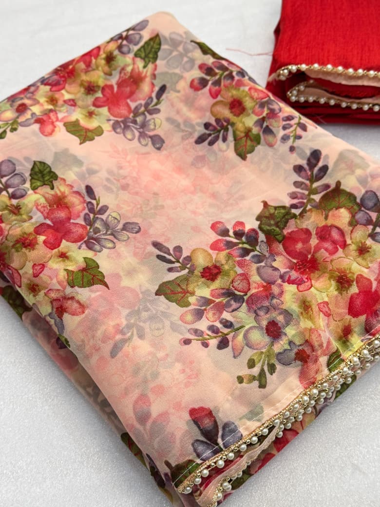🌸 Premium Weightless Chiffon Saree – Floral Digital Print with Handwork Moti Lace Border & Cotton Blouse 🌸
