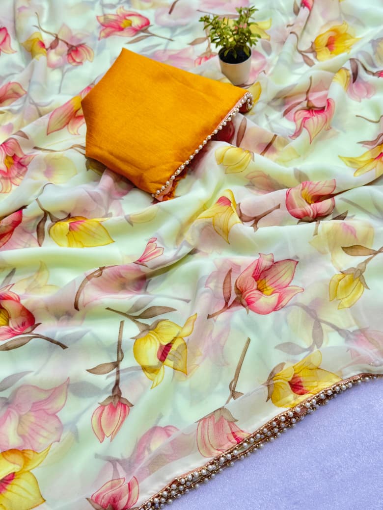 🌸 Premium Weightless Chiffon Saree – Floral Digital Print with Handwork Moti Lace Border & Cotton Blouse 🌸