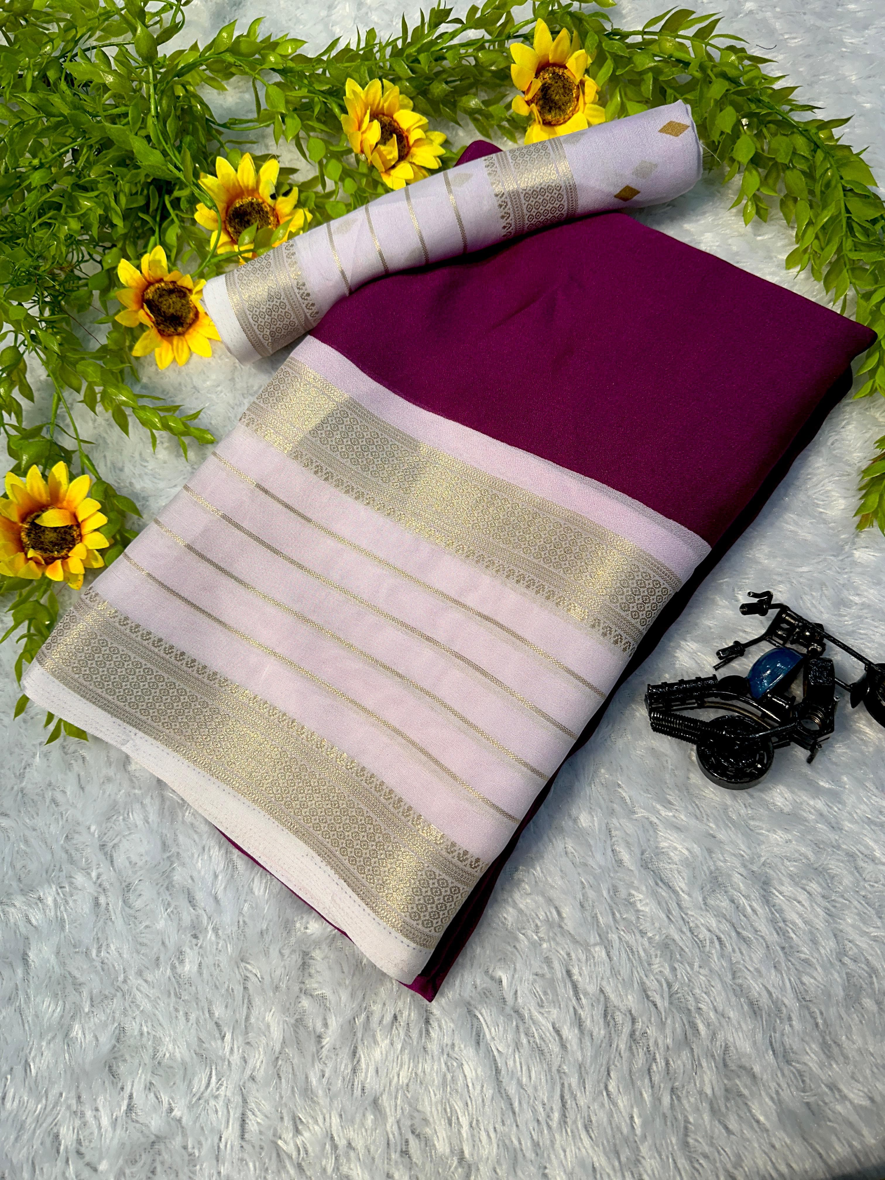 Heavy Mysore Silk Saree with Allover Weaving & Two-Tone Padding Border