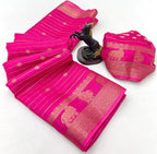 🌿 Premium Fox Georgette Saree – Kalamkari Border, Copper Zari Weaving & Designer Butti Blouse 🌿