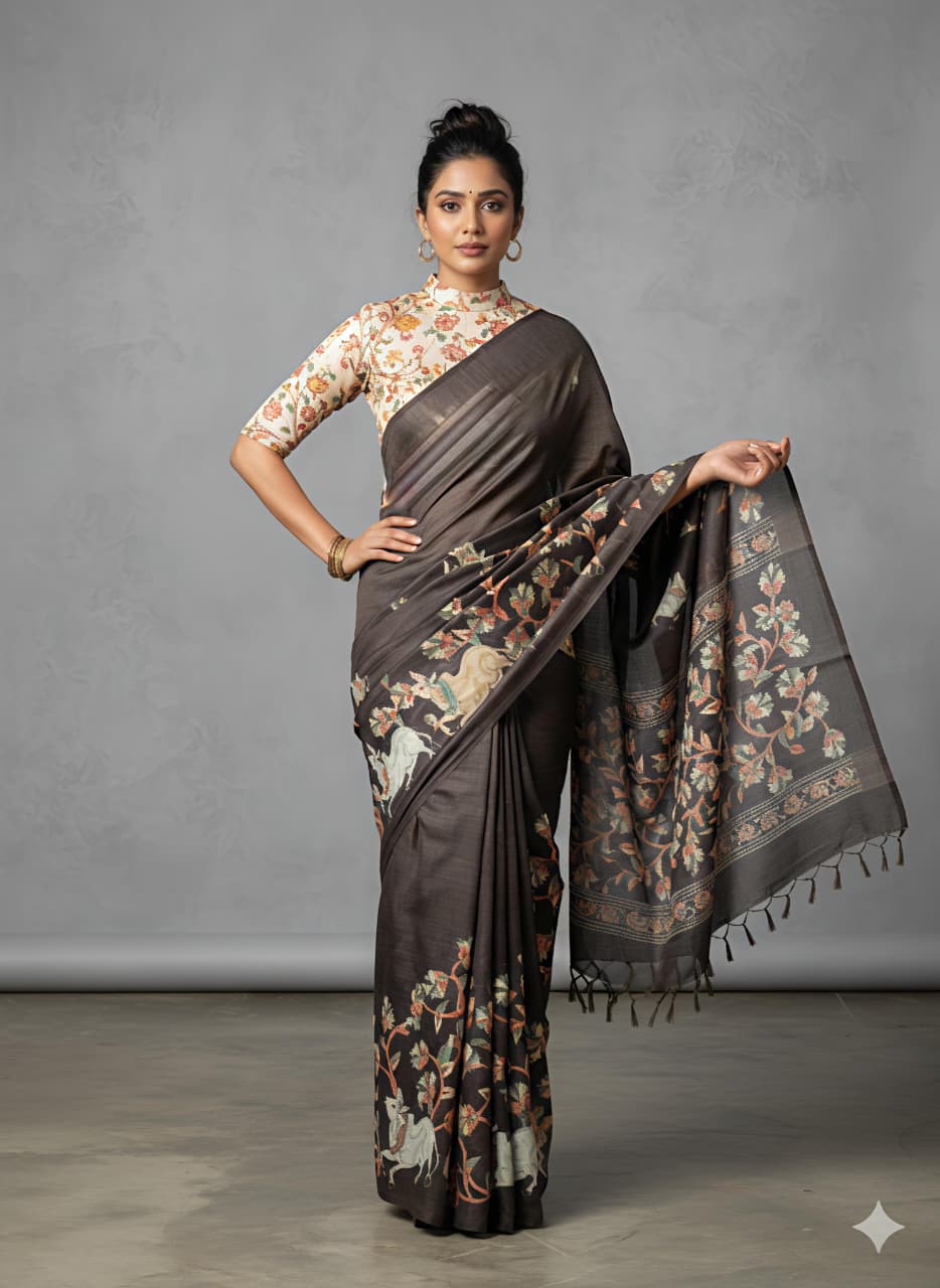 Heavy Handloom Tussar Silk Saree with Animal Digital Print & Matching Blouse – Premium Festive Collection