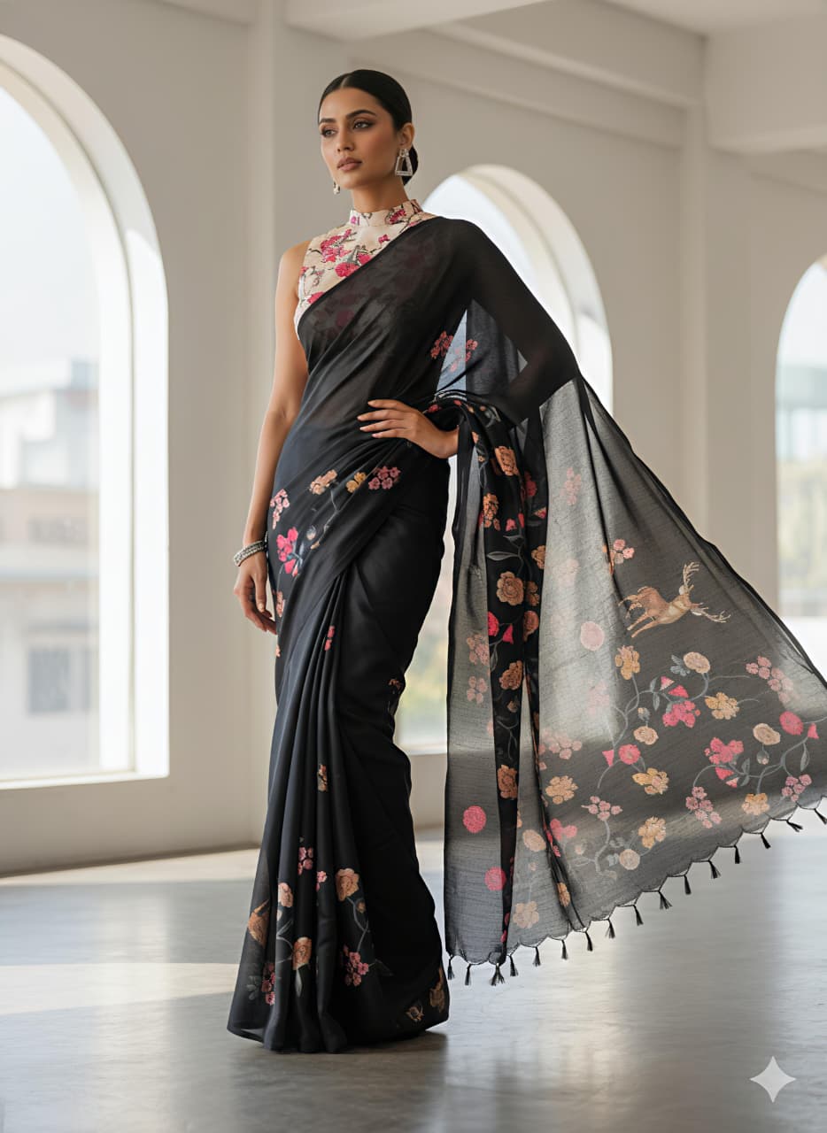 Heavy Handloom Tussar Silk Saree with Animal Digital Print & Matching Blouse – Premium Festive Collection