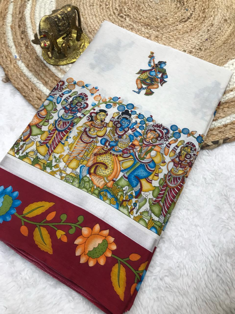 Soft Mul Mul Cotton Saree with Kalamkari Digital Print, Zari Lines & Stylish Pallu – Premium Collection