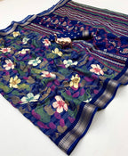 Blend Cotton Saree with Floral Prints, Zari Border & Contrast Blouse – Stylish Designer Collection