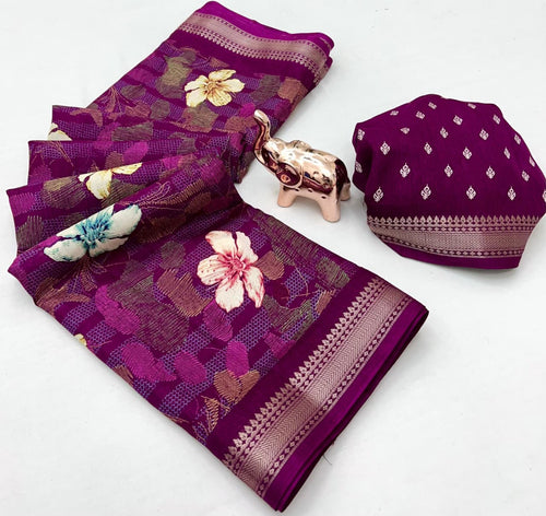 Blend Cotton Saree with Floral Prints, Zari Border & Contrast Blouse – Stylish Designer Collection in rich purple with intricate floral patterns and gold zari detailing, perfect for elegant occasions.