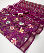 Blend Cotton Saree with Floral Prints, Zari Border & Contrast Blouse – Stylish Designer Collection