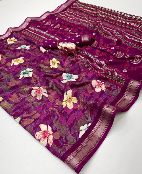 Blend Cotton Saree with Floral Prints, Zari Border & Contrast Blouse – Stylish Designer Collection featuring rich purple fabric adorned with vibrant floral patterns and intricate zari border detailing.