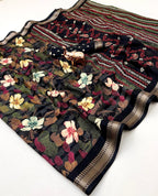 Blend Cotton Saree with Floral Prints, Zari Border & Contrast Blouse – Stylish Designer Collection