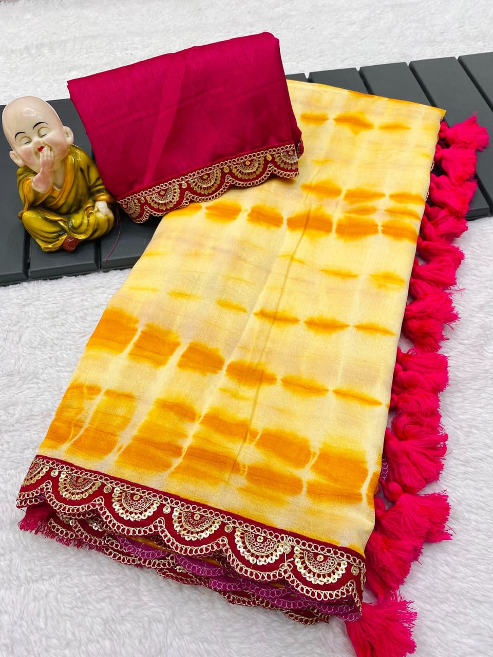 Vichitra Silk Saree with Murga Print & Heavy Embroidery Sequins Border – Premium Designer Collection