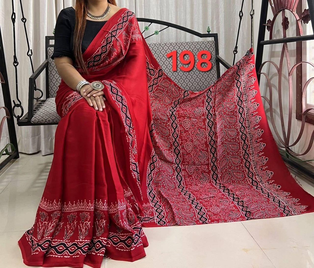 Exclusive Ajrakh Print Soft Modal Silk Saree with Rich Pallu & Contrast Blouse – Premium Arrival