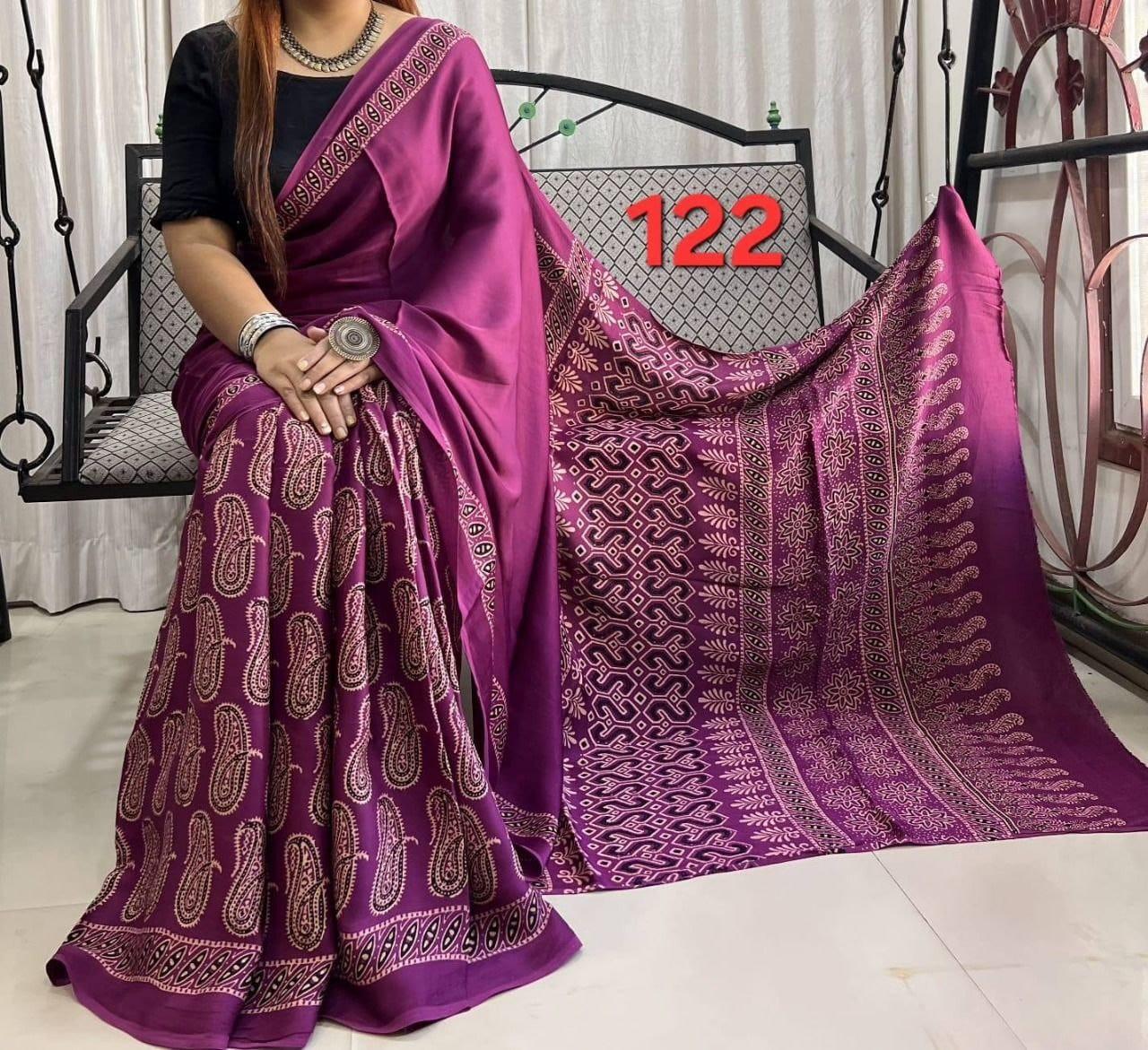 Exclusive Ajrakh Print Soft Modal Silk Saree with Rich Pallu & Contrast Blouse – Premium Arrival