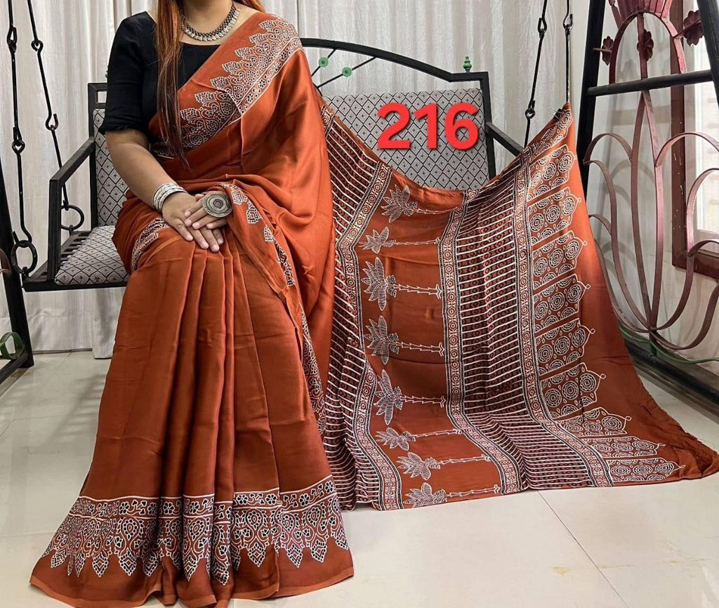 Exclusive Ajrakh Print Soft Modal Silk Saree with Rich Pallu & Contrast Blouse – Premium Arrival