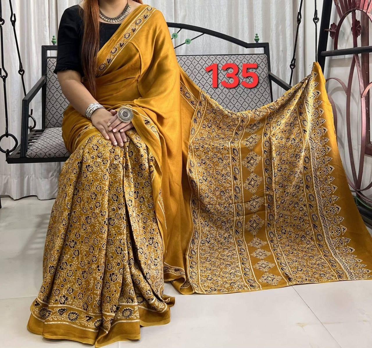 Exclusive Ajrakh Print Soft Modal Silk Saree with Rich Pallu & Contrast Blouse – Premium Arrival