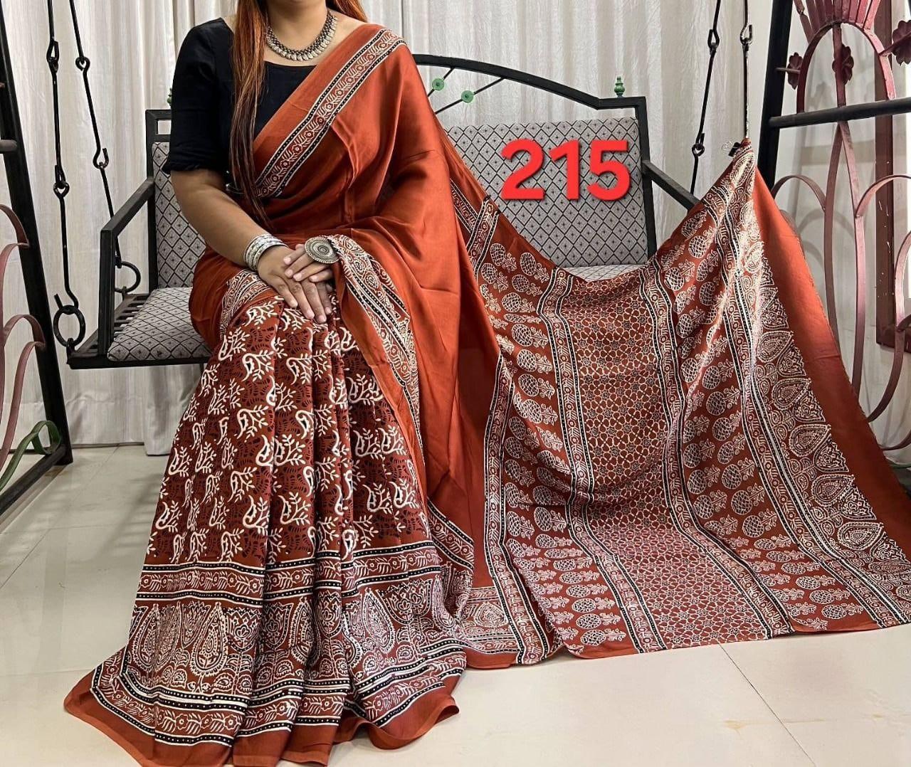 Exclusive Ajrakh Print Soft Modal Silk Saree with Rich Pallu & Contrast Blouse – Premium Arrival
