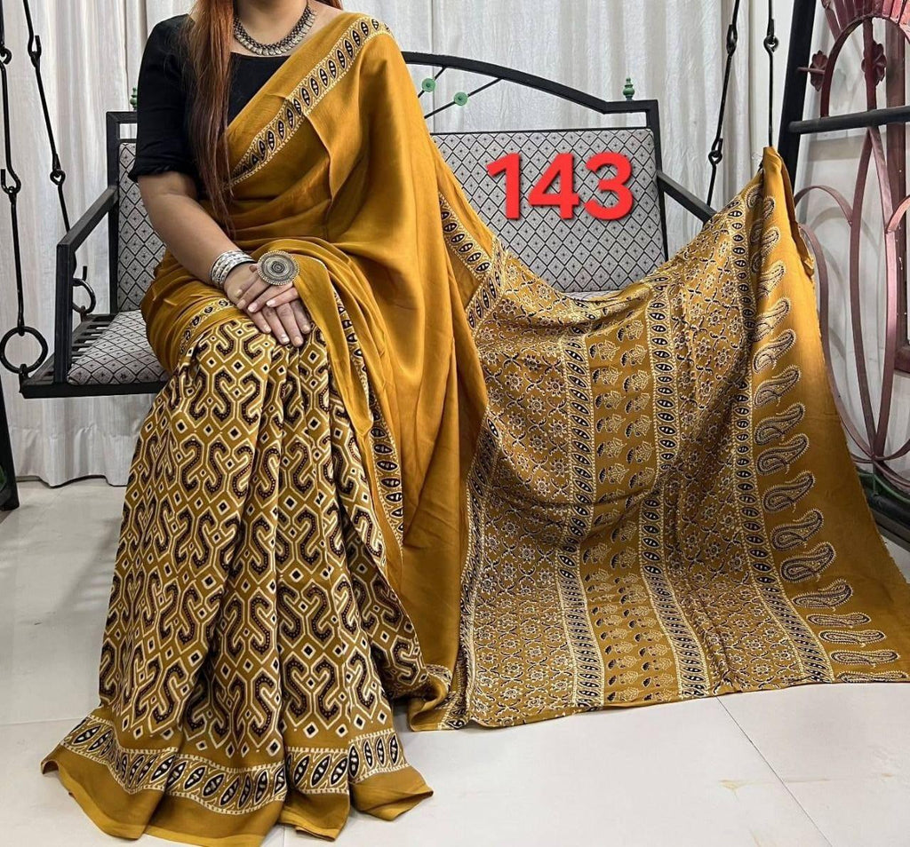 Exclusive Ajrakh Print Soft Modal Silk Saree with Rich Pallu & Contrast Blouse – Premium Arrival