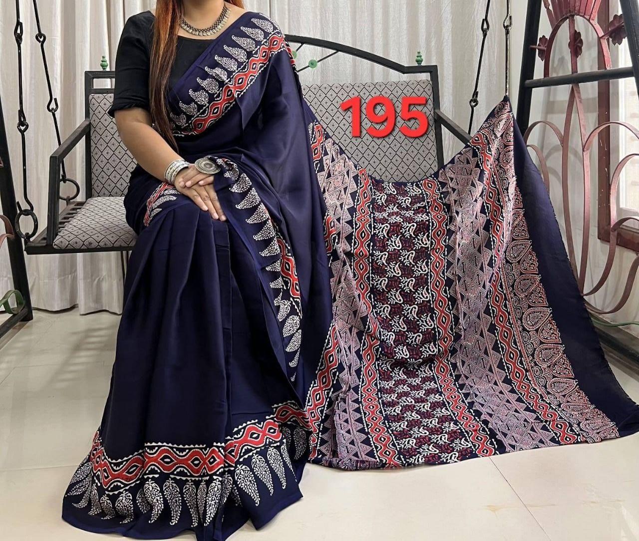 Exclusive Ajrakh Print Soft Modal Silk Saree with Rich Pallu & Contrast Blouse – Premium Arrival