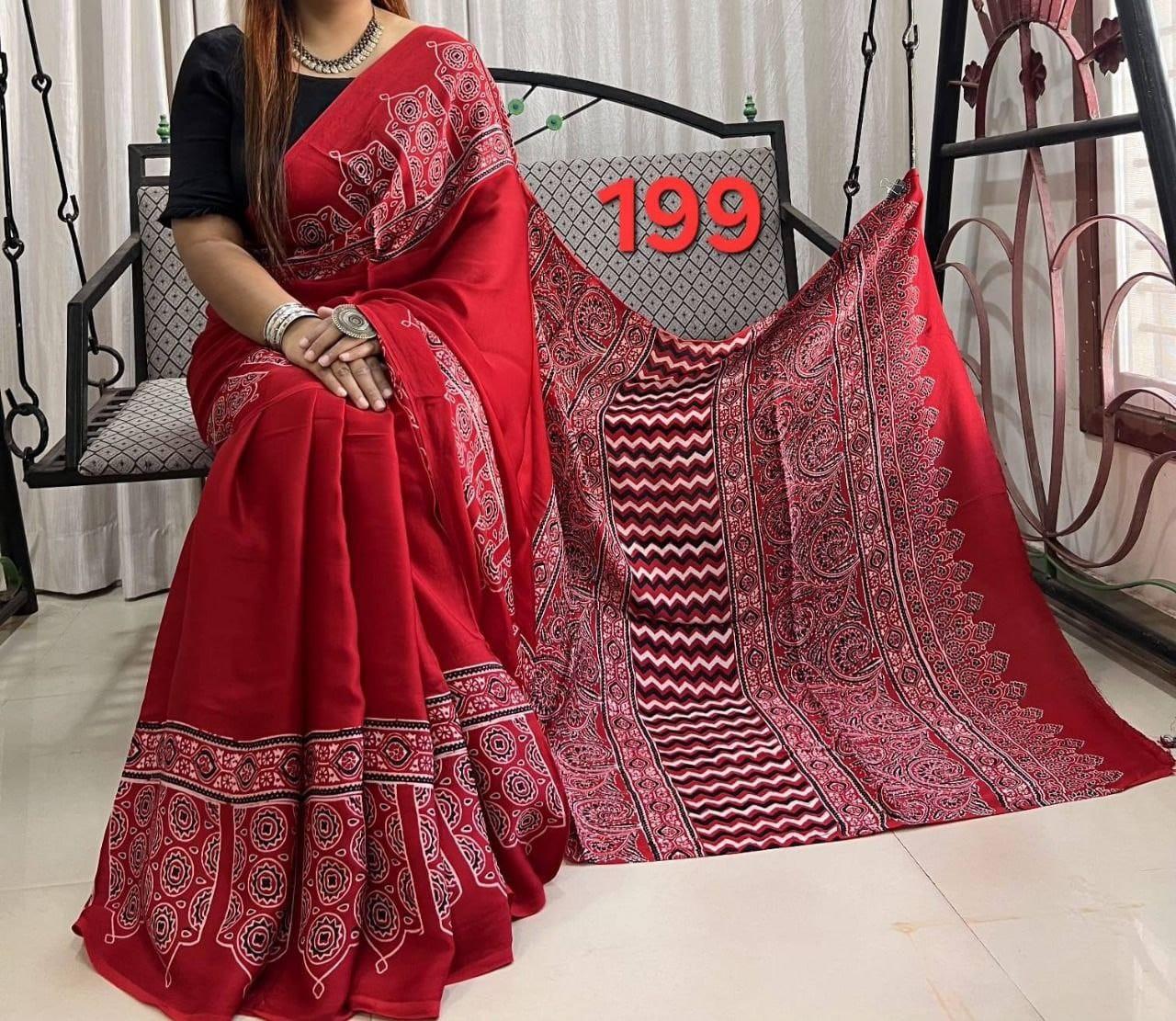 Exclusive Ajrakh Print Soft Modal Silk Saree with Rich Pallu & Contrast Blouse – Premium Arrival