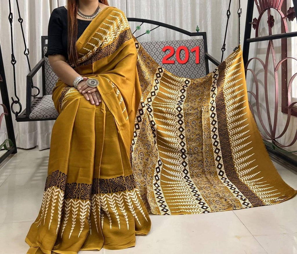 Exclusive Ajrakh Print Soft Modal Silk Saree with Rich Pallu & Contrast Blouse – Premium Arrival