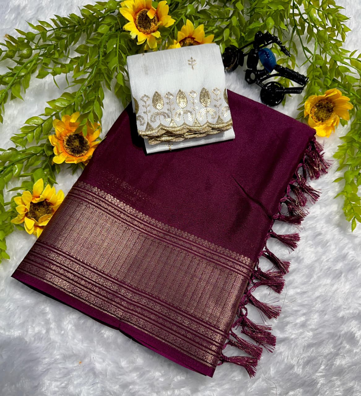 Heavy Crepe Silk Saree with Allover Weaving & Tone‑to‑Tone Padding Border – Premium Boutique Collection