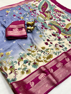 Premium Soft Dola Silk Saree with Kalamkari Print, Elephant & Peacock Weaving – Elegant Boutique Collection