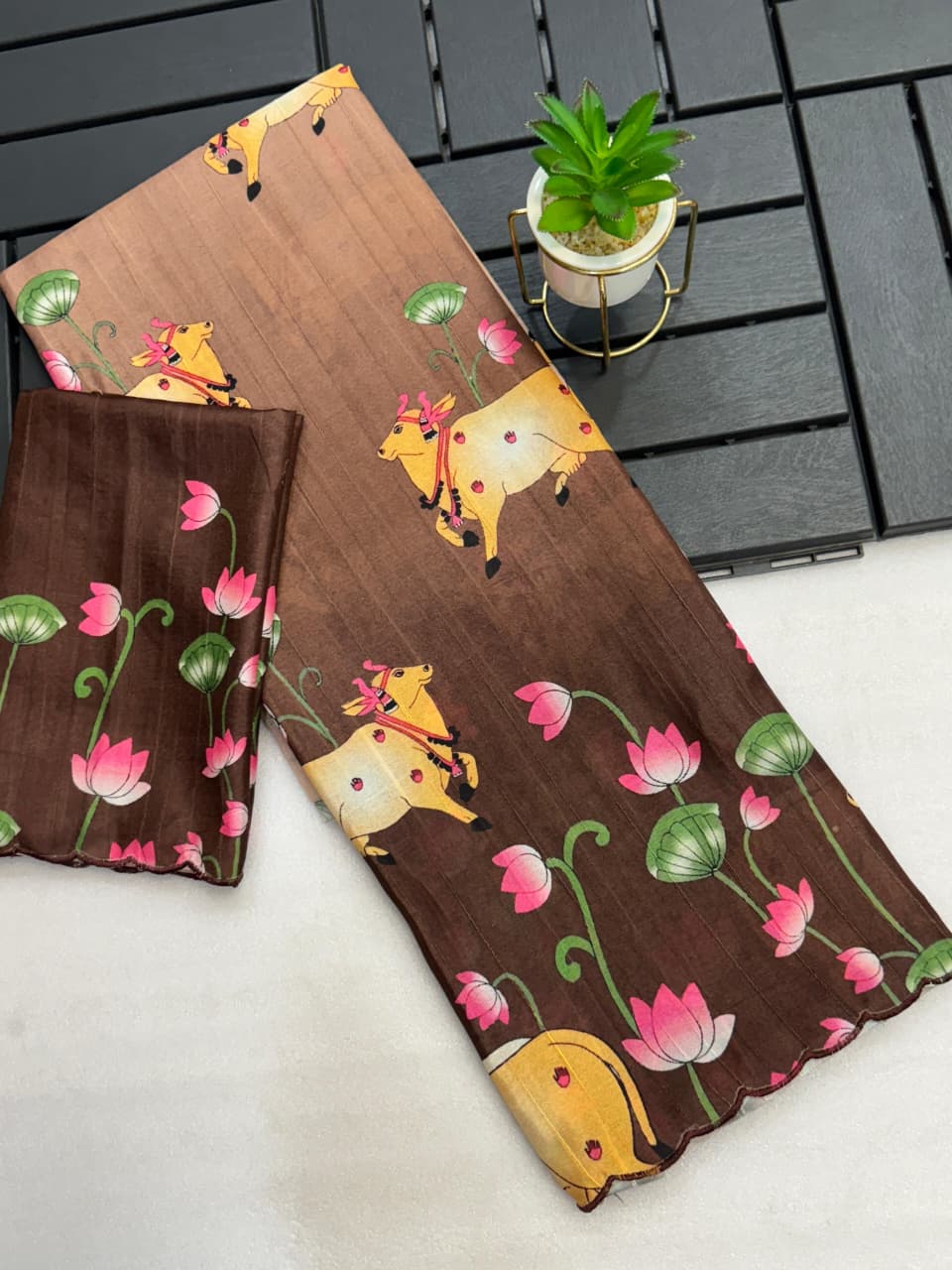 Handloom Tussar Silk Saree with Kalamkari Digital Print & Arco Border – Premium Collection