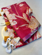 Linen Saree with Allover Floral Design, Heavy Cotton Tussels & Kalamkari Pallu – Premium Collection