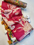 Linen Saree with Allover Floral Design, Heavy Cotton Tussels & Kalamkari Pallu – Premium Collection