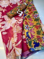 Linen Saree with Allover Floral Design, Heavy Cotton Tussels & Kalamkari Pallu – Premium Collection
