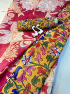 Linen Saree with Allover Floral Design, Heavy Cotton Tussels & Kalamkari Pallu – Premium Collection