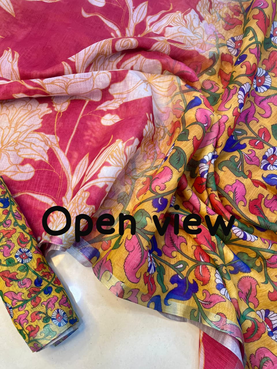 Linen Saree with Allover Floral Design, Heavy Cotton Tussels & Kalamkari Pallu – Premium Collection