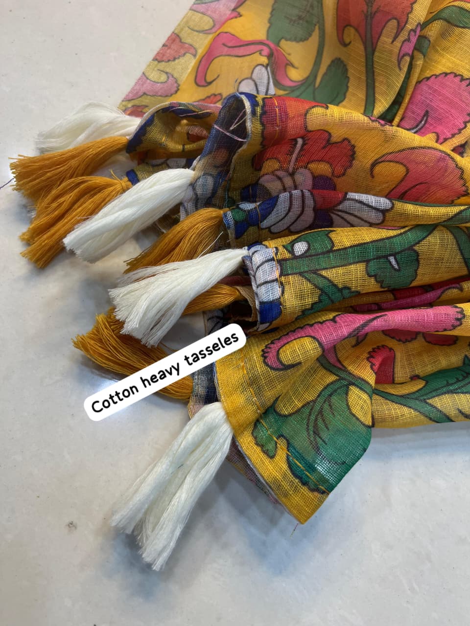 Linen Saree with Allover Floral Design, Heavy Cotton Tussels & Kalamkari Pallu – Premium Collection