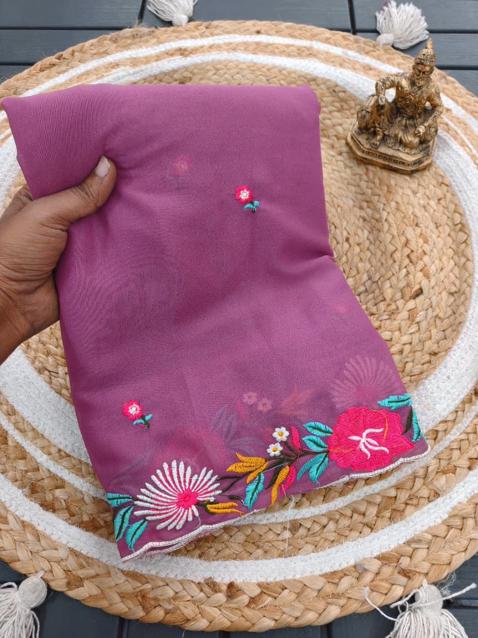 Pure Star Georgette Saree with C‑Pallu & Multi Embroidery Thread Work – Premium Designer Collection