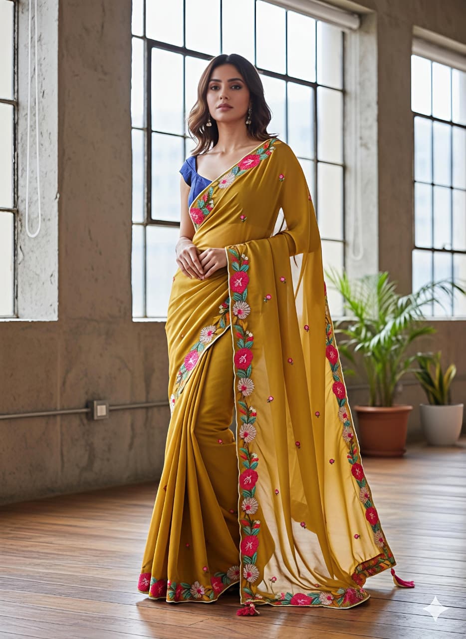 Pure Star Georgette Saree with C‑Pallu & Multi Embroidery Thread Work – Premium Designer Collection