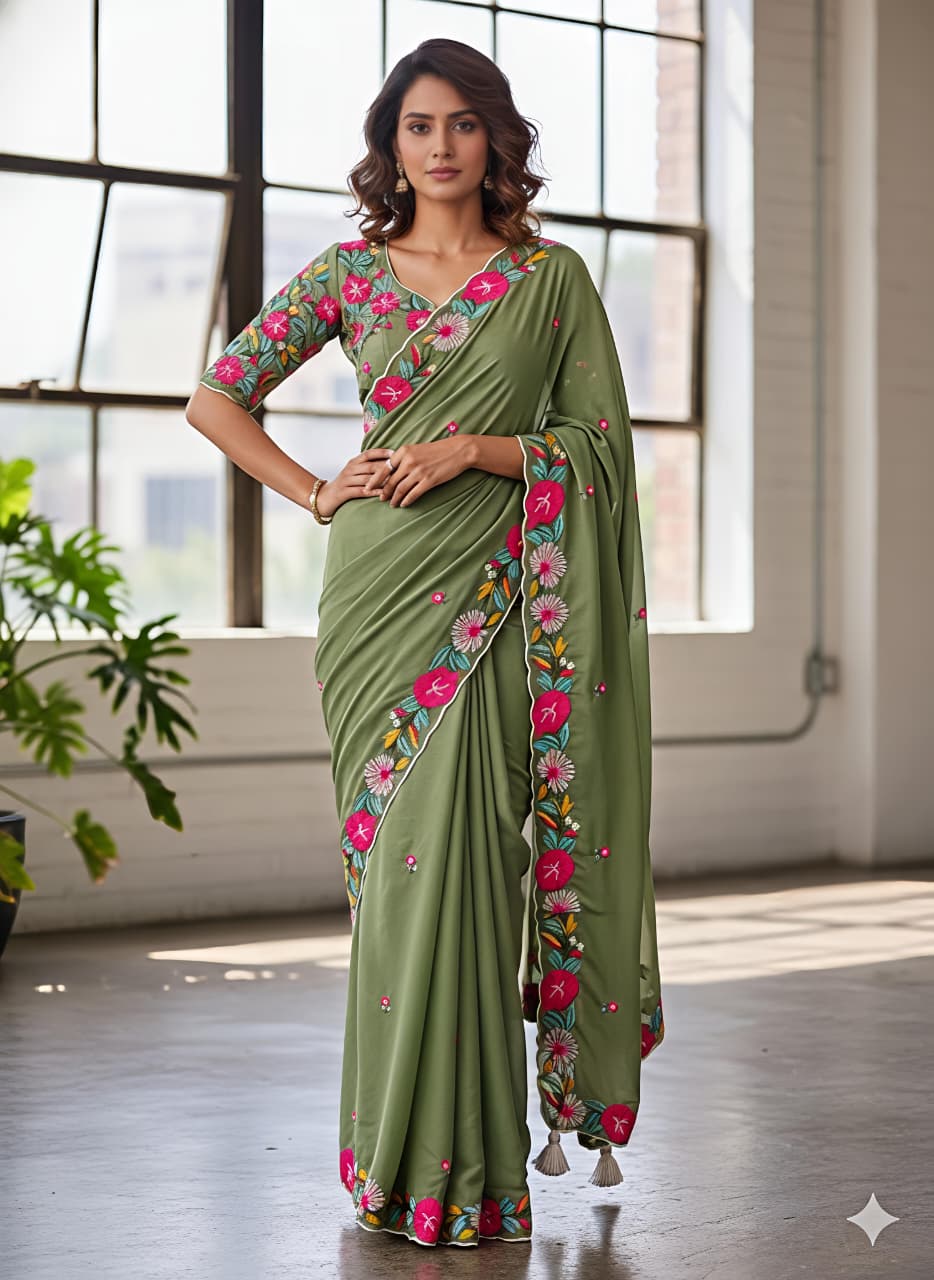 Pure Star Georgette Saree with C‑Pallu & Multi Embroidery Thread Work – Premium Designer Collection