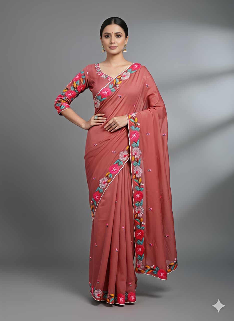 Pure Star Georgette Saree with C‑Pallu & Multi Embroidery Thread Work – Premium Designer Collection