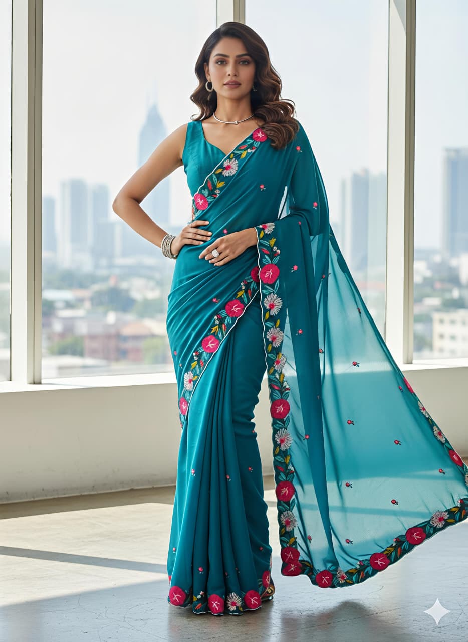 Pure Star Georgette Saree with C‑Pallu & Multi Embroidery Thread Work – Premium Designer Collection