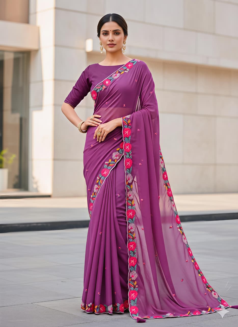 Pure Star Georgette Saree with C‑Pallu & Multi Embroidery Thread Work – Premium Designer Collection