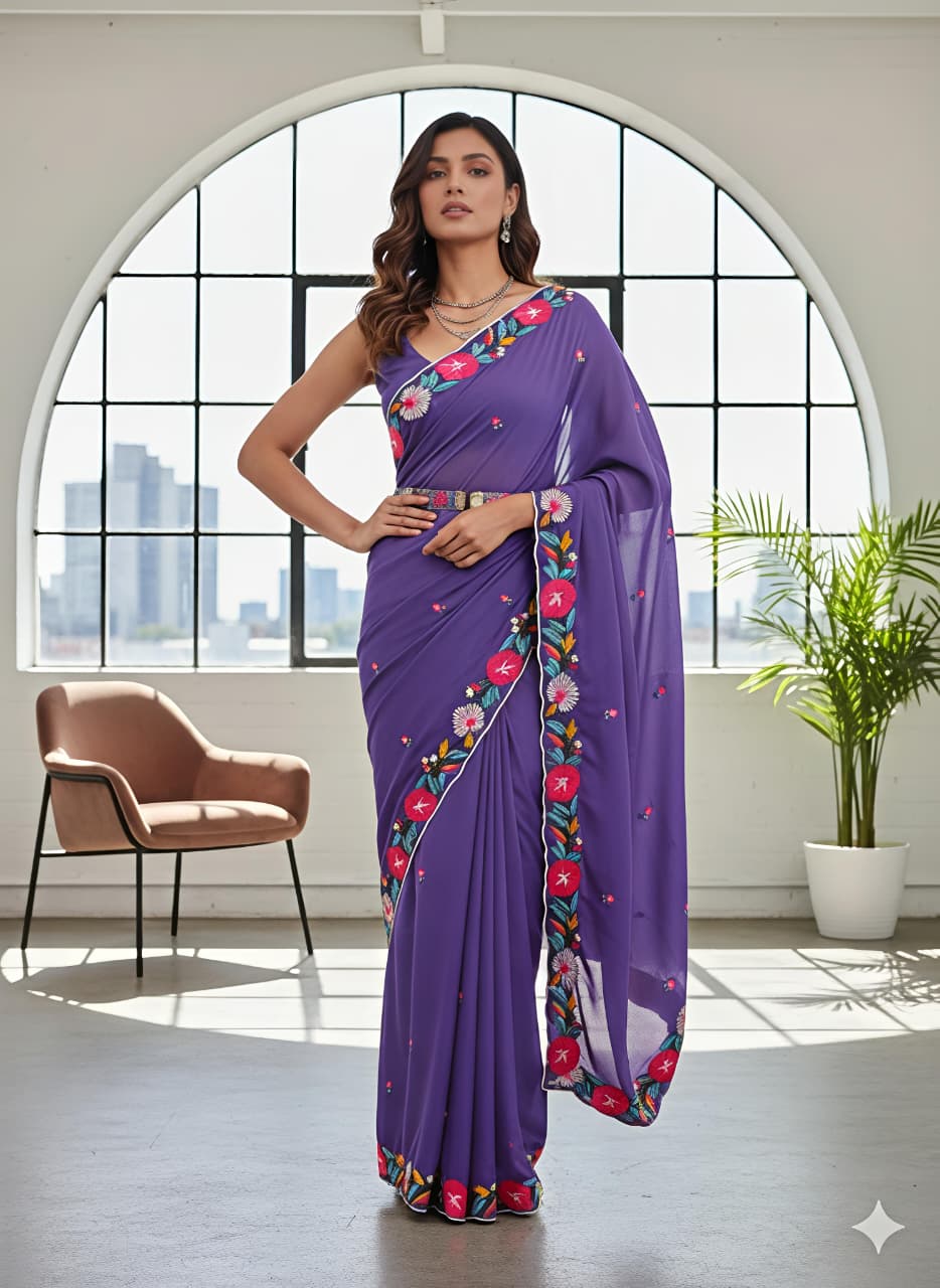 Pure Star Georgette Saree with C‑Pallu & Multi Embroidery Thread Work – Premium Designer Collection